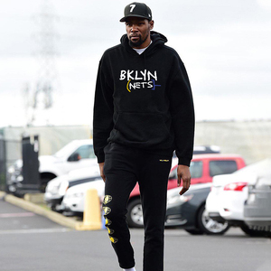 秋冬季篮网队新款城市版卫衣黑色篮球运动加绒连帽衫男外套杜兰特