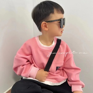 韩系男童帅气宝宝卫衣粉色假两件上衣春秋季儿童休闲宽松套头衫潮