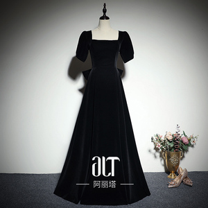 黑色晚礼服裙女新款2023高端丝绒宴会显瘦礼服声乐艺考合唱演出服