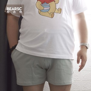 竖条纹三分裤男健身房纯棉运动短裤胖熊大码超短裤休闲家居裤子