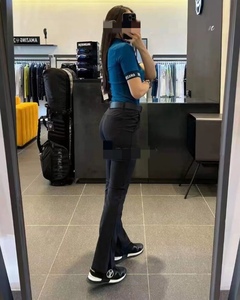 韩国高尔夫服装女四季款黑色高腰阔腿开叉长裤休闲运动弹力速干裤