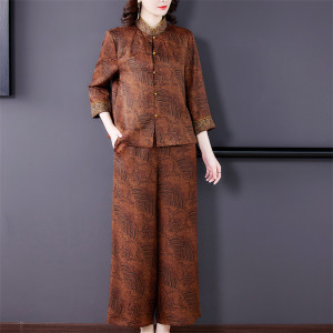 香云纱套装高端女装清仓特价唐装妈妈阔腿裤中式真丝桑蚕丝两件套