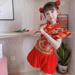六一新款龙年儿童演出服红色喜庆打鼓服男女童开门红中国风秧歌服
