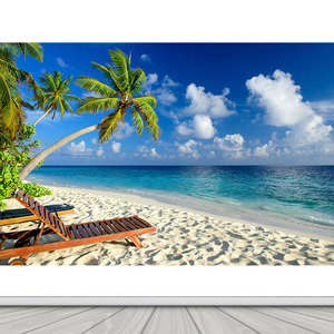 大海沙滩边蓝天白云风景画贴画宿舍墙贴海景装饰壁画海浪自粘海报