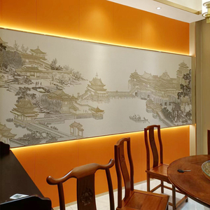 中式复古餐厅包厢阁楼山水背景墙纸壁酒店包厢装修定制硬包壁画