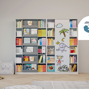 可比熊6层绘本架实木儿童书架落地家用客厅收纳加高学生带门书柜