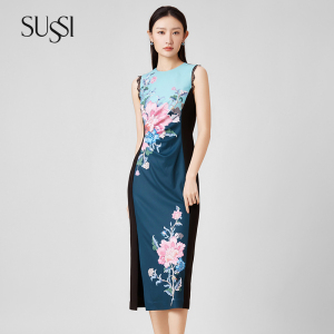 SUSSI/古色22夏季醋酯印花无袖连衣裙女14AW2062996实物有袖子