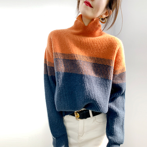 渐变撞色高领毛衣女秋冬宽松显瘦羊毛衫时尚高级设计针织毛线衫厚