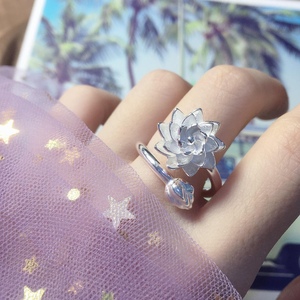 S9999银莲花开口食指银戒指女指环足银纯银玫瑰花个性新款戒指