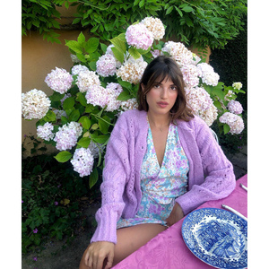 原版 Rouje Lino Cardigan法式复古紫色镂空钩花纽扣针织开衫毛衣
