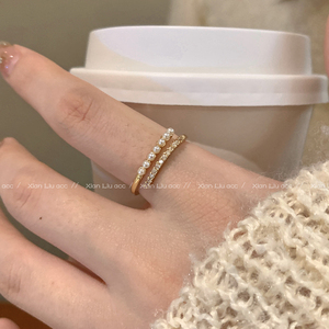 冷淡风锆石金色珍珠戒指轻奢高级感开口指环小众独特设计感食指戒
