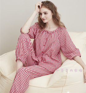麦可将春夏新款睡衣女短袖七分袖长裤格子纯棉梭织布文艺风家居服