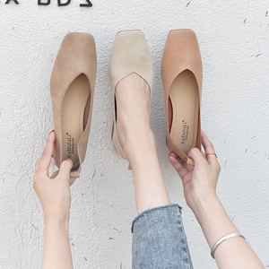 浅口夏季软皮奶奶鞋女粗跟单鞋女2019夏款中跟方头软底百搭小香风