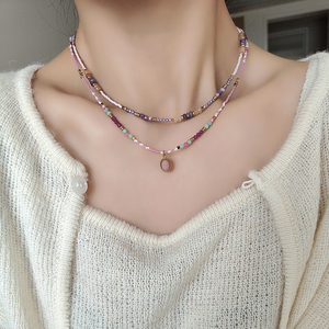 玛瑙石小众设计紫色天然石项链女串珠锁骨链法式轻奢夏季吊坠颈链