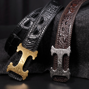 泰国鳄鱼皮腰带男休闲商务手工编织平滑扣裤带欧美时尚男式皮带潮