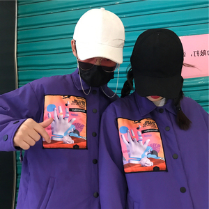 秋冬国潮oversize个性贴布原宿紫色两面穿情侣风衣男女棒球服外套