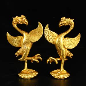 古董古玩铜器,乡下收的清代铜鎏金凤鸟摆件一对长8高14厘米