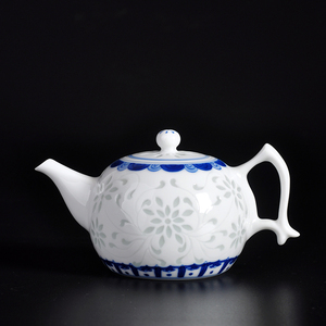 景德镇青花玲珑瓷茶壶 磬声手工雕刻花冲茶器 手绘镂空茶具侧把壶