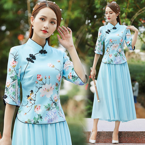 二件套新中式中国风旗袍上衣民国风古装中袖改良复古汉服女唐装女