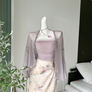 新中式国风超仙紫色网纱斜肩带抹胸上衣+天丝皱透感小开衫两件套