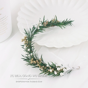 森系绿色精灵小米果珍珠半花环新娘手工日韩式配饰简约头饰发饰
