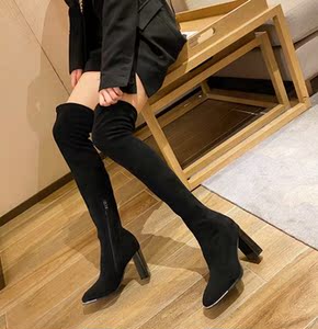 靴子新款2020绒面过膝长靴高跟皮靴高筒粗跟小个子长筒靴女骑士靴