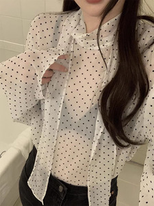 韩国chic春季新款气质立领系带波点衬衫女宽松微透薄款雪纺衫上衣