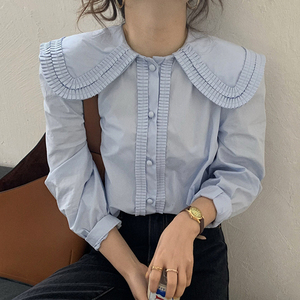 韩国chic温柔奶软蓝娃娃领风琴压褶设计包边扣宽松泡泡袖衬衫上衣