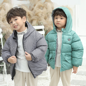 儿童棉服宝宝羽绒棉衣两面穿韩版外套中小男女童加厚棉袄格子连帽