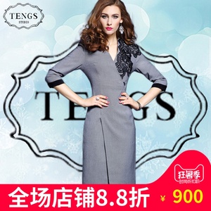 tengs/滕氏专柜代购女装新款针织棉绣花v领七分袖不规则连衣裙秋