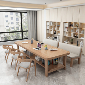 极简客厅大长书桌双层实木卧室书房儿童学习桌写字台原木双人书桌