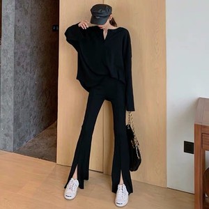 高冷御姐风开叉裤女宽松长袖t恤微时尚适合配喇叭裤的上衣两件套