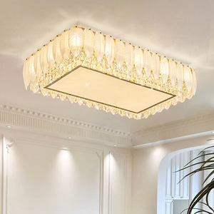 法式客厅灯轻奢水晶吸顶灯简约现代奶油风长方形羽毛玻璃大厅主灯
