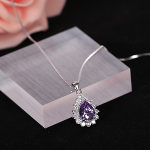 韩国韩版925纯银女神之泪吊坠紫色水晶项链短款锁骨链女甜美气质