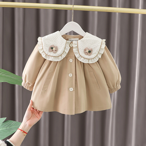 女宝宝春装外套洋气韩版中长款婴儿花边领上衣时髦小童休闲小风衣