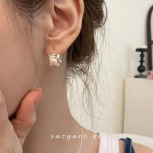 suzyacc kr小众设计师款珍珠方圈耳环轻奢气质高级冷性风耳饰女夏