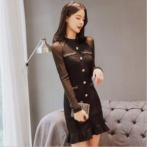 2017秋装新款女装性感透视亮纱拼接荷叶边单排扣短裙女人味连衣裙