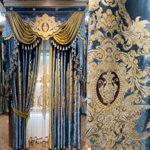 欧式高档客厅窗帘奢华冰丝绒布蓝色拼接豪华大气别墅卧室遮光定制