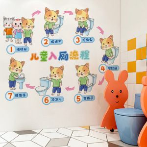 幼儿园卫生间儿童入厕流程示意图步骤墙贴上厕所如厕卡通防水贴纸