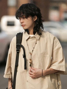 cityboy日系复古假两件工装短袖衬衫男女中性风休闲宽松半袖衬衣