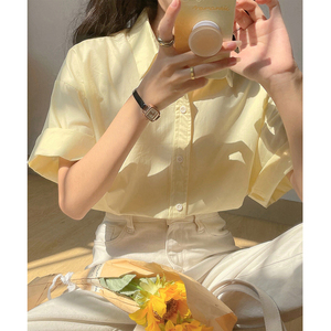 奶黄色短袖衬衫女夏天女装2024年新款法式雪纺上衣设计感小众衬衣