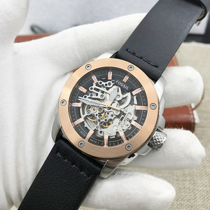 fossil化石手表真皮简约镂空透底自动机械表商务休闲大男表me3082