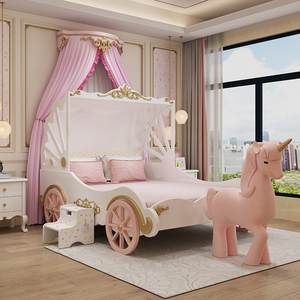 简欧女孩房公主床轻奢实木儿童床梦幻女孩卧室马车床定制单人床