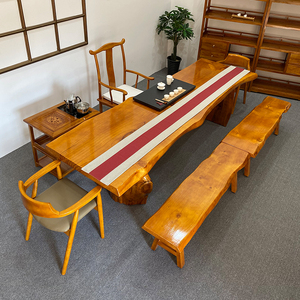 茶室办公室会客休闲大茶桌实木大板茶桌大气松木原木喝茶桌椅组合