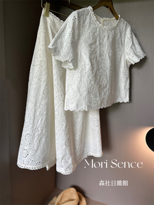 复古法式刺绣镂空花边圆领短袖短版女衬衫上衣伞裙白色半身裙套装