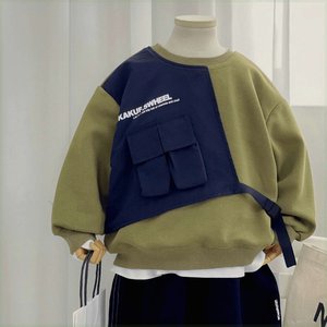 韩国童装男童工装风潮牌卫衣拼接口袋长袖上衣儿童2023新款洋气潮