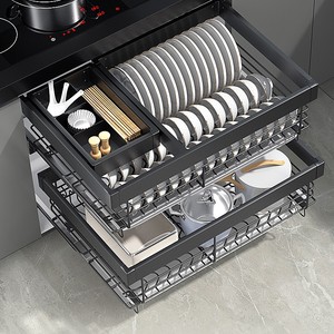 拉篮厨房橱柜304不锈钢双层抽屉式碗架收纳调味厨柜碗篮碗柜1287
