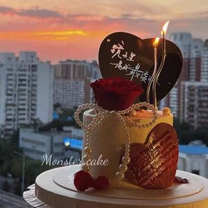 珍珠蝴蝶结蛋糕装饰七夕情人节玫瑰蜡烛表白告白爱心镜子蛋糕插件