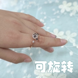 会旋转的熊猫戒指可调节指环水钻饰品四川成都纪念品送朋友手伴礼