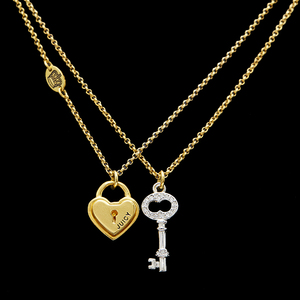 欧美镶钻钥匙爱心小锁双层男女项链高级设计感时尚情侣可拆分颈链